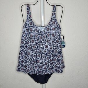 Shape Solver 3 Tier Tankini‎ One Piece Swimsuit Blue Mosaic Print Size 16W NWT